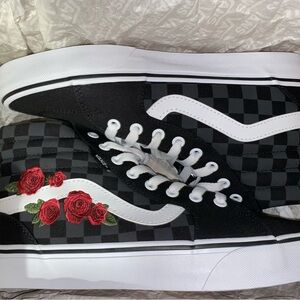 Vans Black and White Checkered Sneakers with Red Rose Detail